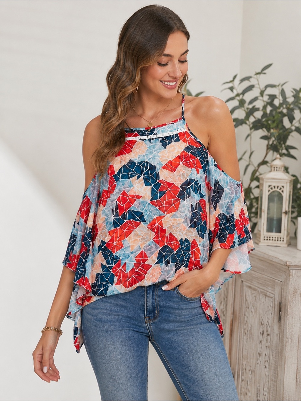 NWT BCBGeneration XS Cold Shoulder Floral Geometric Blouse Boho Halter Top